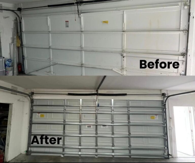 Garage door before and after replacement in Santa Clara