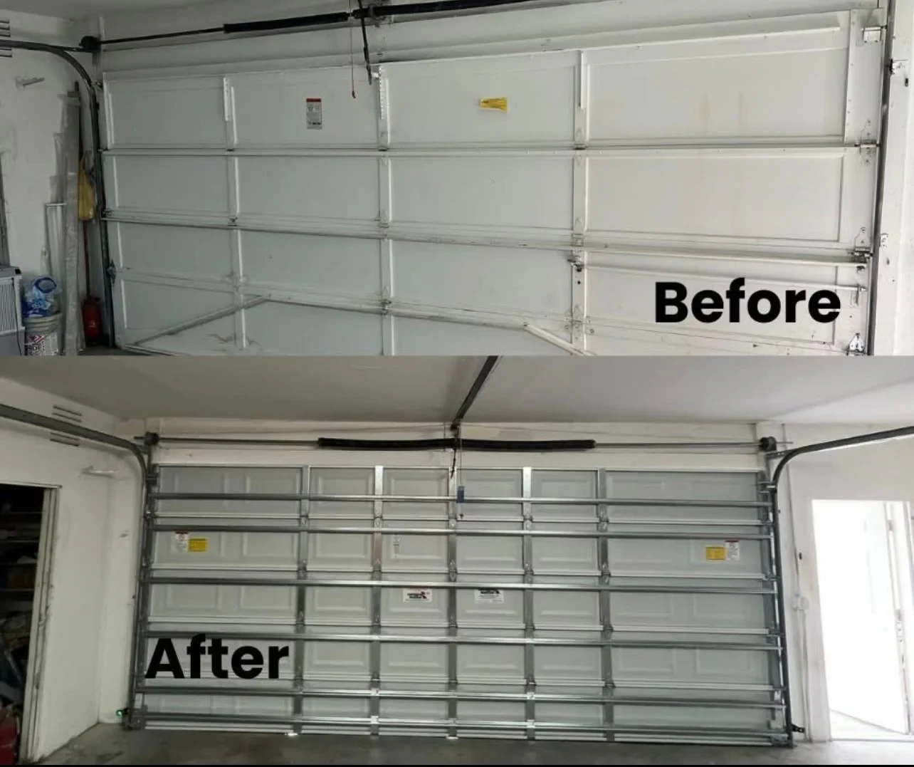 Garage door before and after replacement in Santa Clara